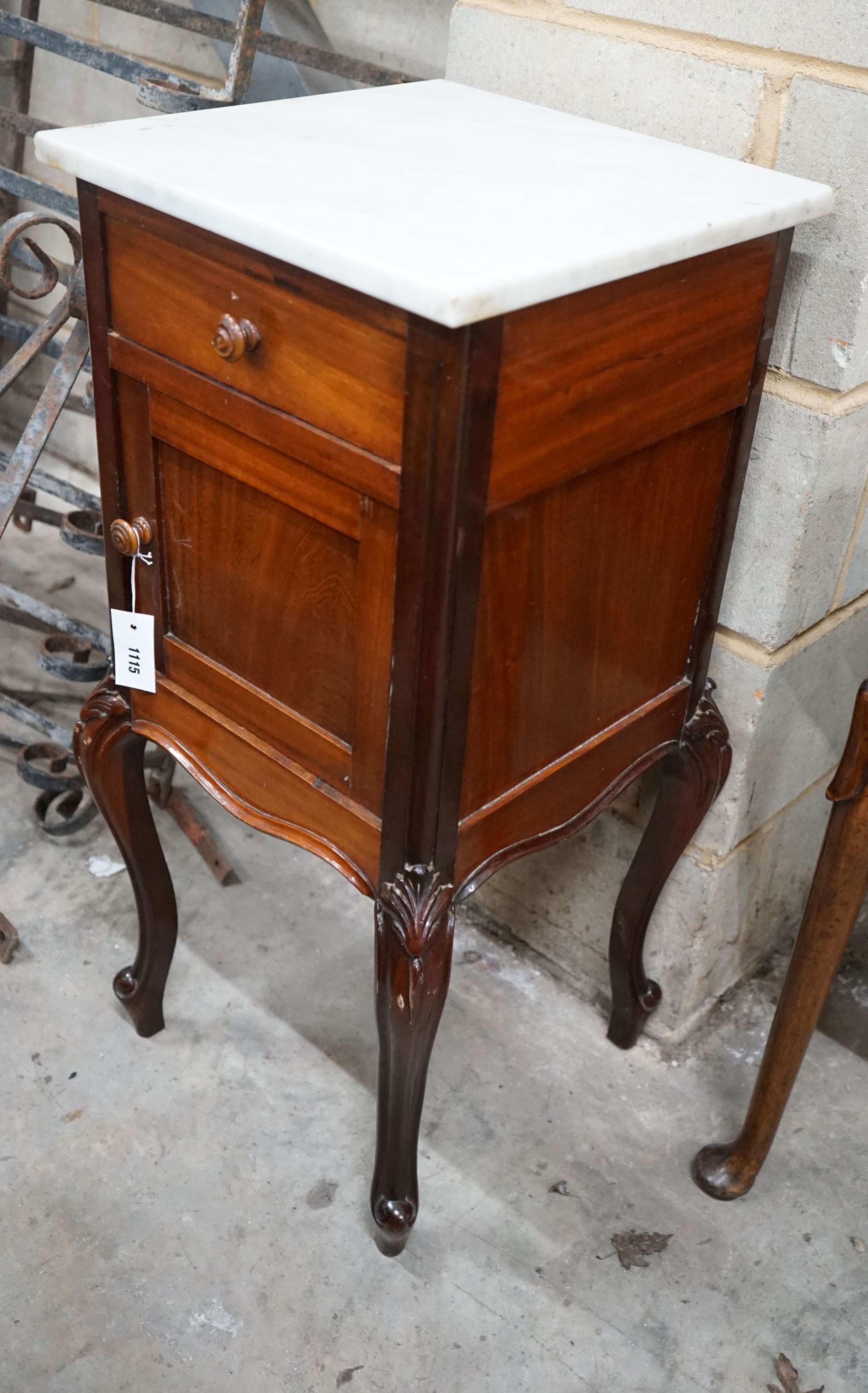 A 19th century French mahogany marble top bedside cabinet, width 39cm, depth 40cm, height 87cm